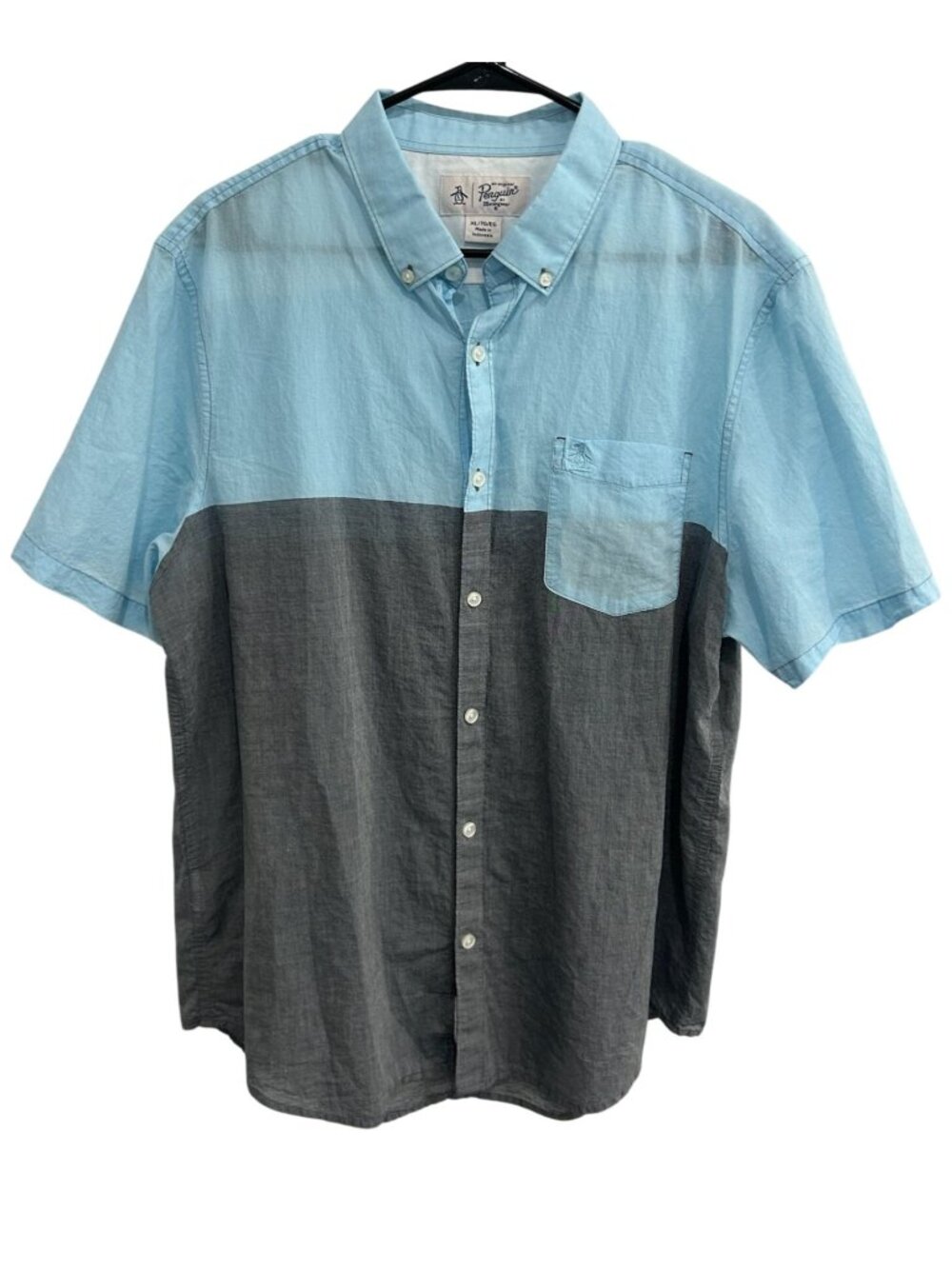 Original Penguin Mens XL Blue Gray Colorblock Cotton Short Sleeve Shirt Retro